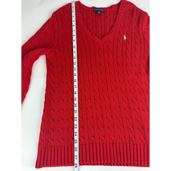 Ralph Lauren Size XL Women's Cable Knit V-Neck Sweater Fisherman Gold Pony Red - Picture 11 of 11